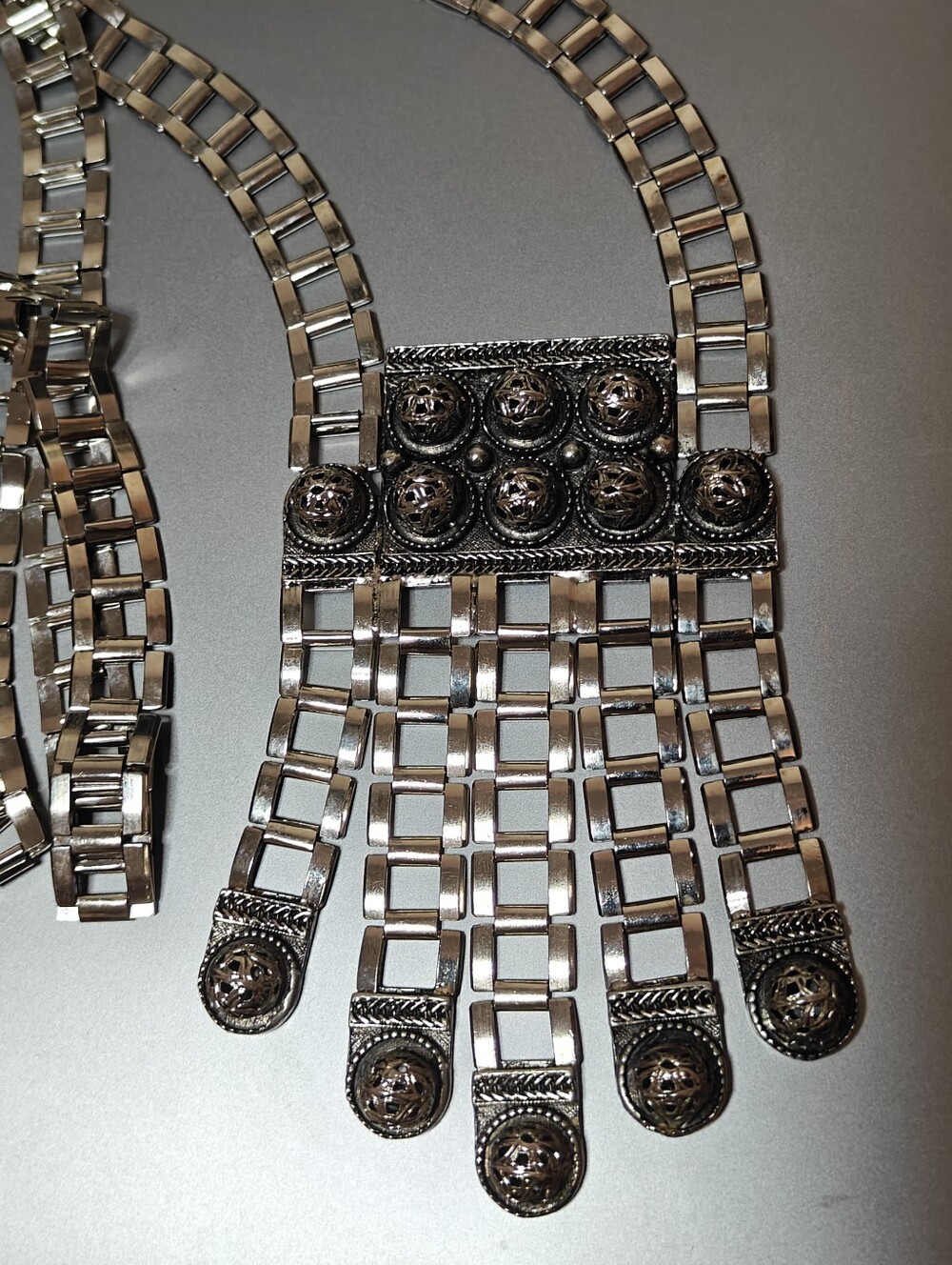 Modernist designer EDLEE Tassel Necklace Silver Plated Statement 30"